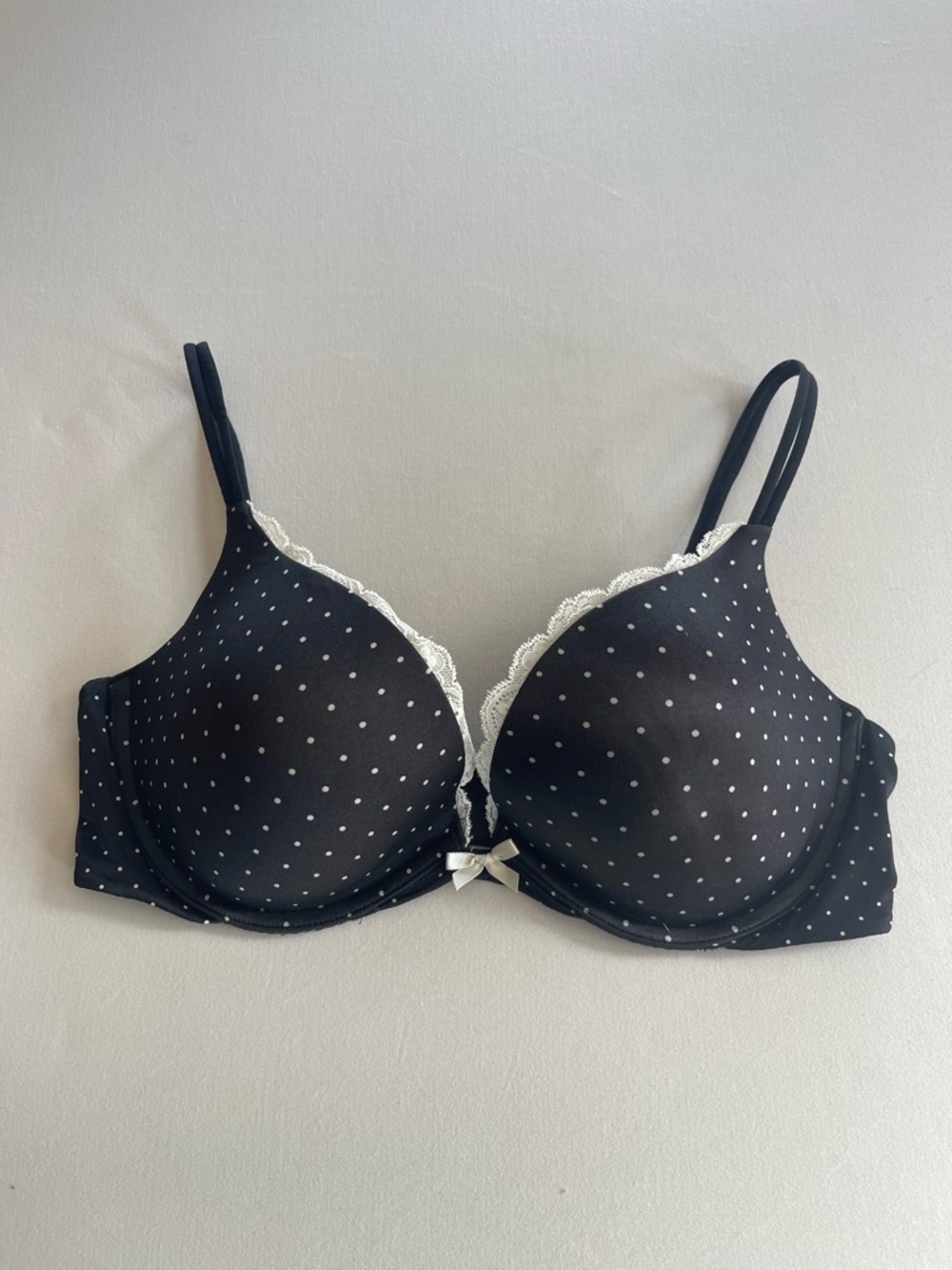 Victoria's Secret Black Push-Up Bra with White Polka Dots & Lace Trim